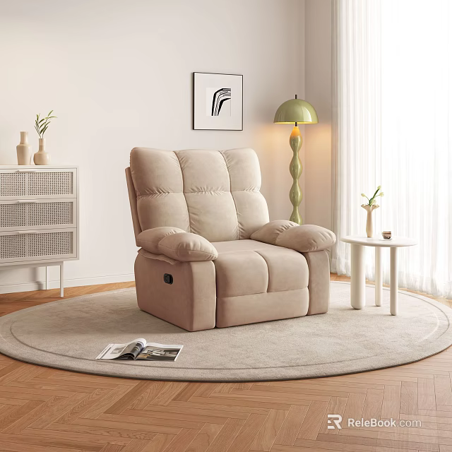 Beige Single Recliner Sofa on Round Rug with Green Floor Lamp and Side Table 3d model 