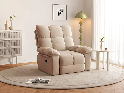 Beige Single Recliner Sofa on Round Rug with Green Floor Lamp and Side Table 3d model