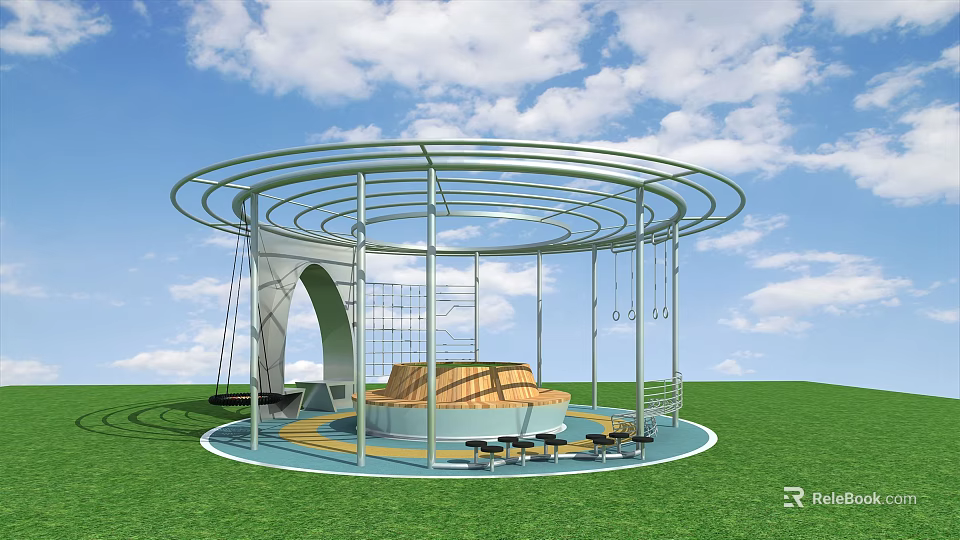 Outdoor Playground Equipment With Circular Metal Frame Swings Climbing Net And Wooden Platform 3d model 