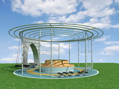 Outdoor Playground Equipment With Circular Metal Frame Swings Climbing Net And Wooden Platform 3d model