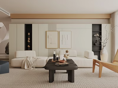 Modern Living Room Interior Design With White Sofa Black Coffee Table Artworks And Neutral Rug 3d model