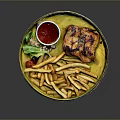 Grilled Chicken Served With French Fries Lettuce And Red Sauce On Yellow Plate