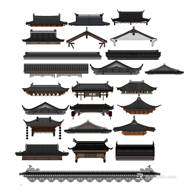 Traditional Chinese Architectural Roof Components Featuring Various Classic Design Styles And Ornamental Details 3d model 