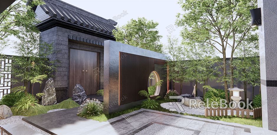 New Chinese Courtyard Courtyard Garden Gardening Sketches Pavilion Gate Entrance Landscape Trees Flowers and Plants Stone Rock Rock Rock Running Water Sketches model