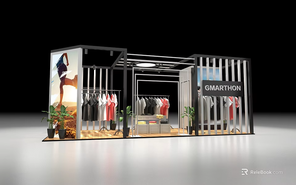 GMARTHION Fashion Exhibition Booth With Hanging Clothes Model Poster And Plants 3d model 