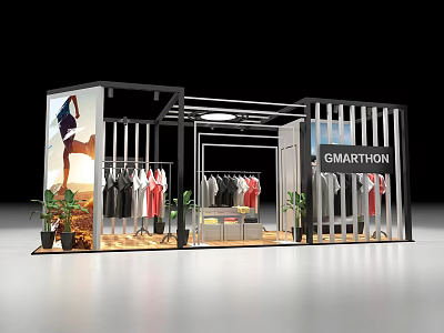 GMARTHION Fashion Exhibition Booth With Hanging Clothes Model Poster And Plants 3d model