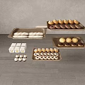 Assorted Baked Goods Including Baguettes Glazed Donuts And Pastries On Wooden Trays