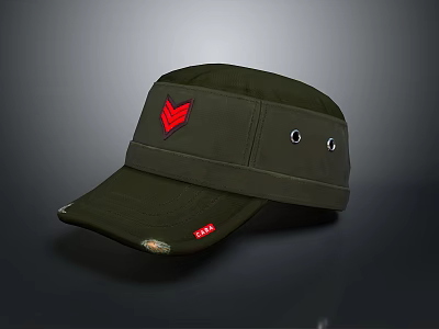 Military Style Green Canvas Cap With Red Emblem Two Eyelets And Distressed Brim 3d model