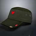 Military Style Green Canvas Cap With Red Emblem Two Eyelets And Distressed Brim