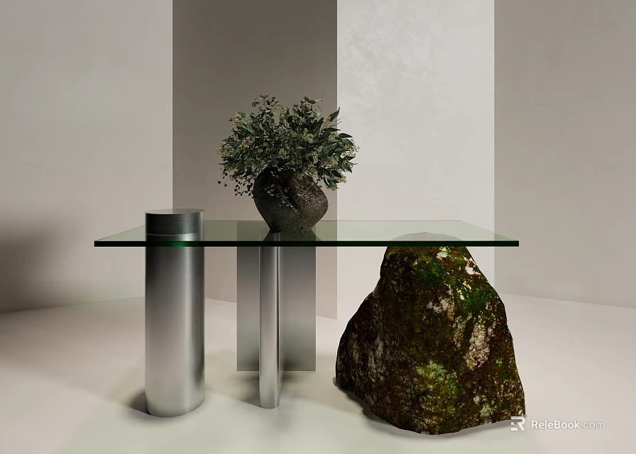 Console Table With Glass Top Metal Supports Moss Covered Rock And Plant In Vase 3d model 