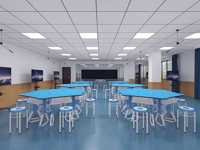 School Classroom Interior With Blue Tables Chairs Ceiling Lights And Wall TVs 3d model