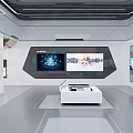 Modern Exhibition Hall Interior Design With Multiple Digital Screens And White Display Counters 3d model