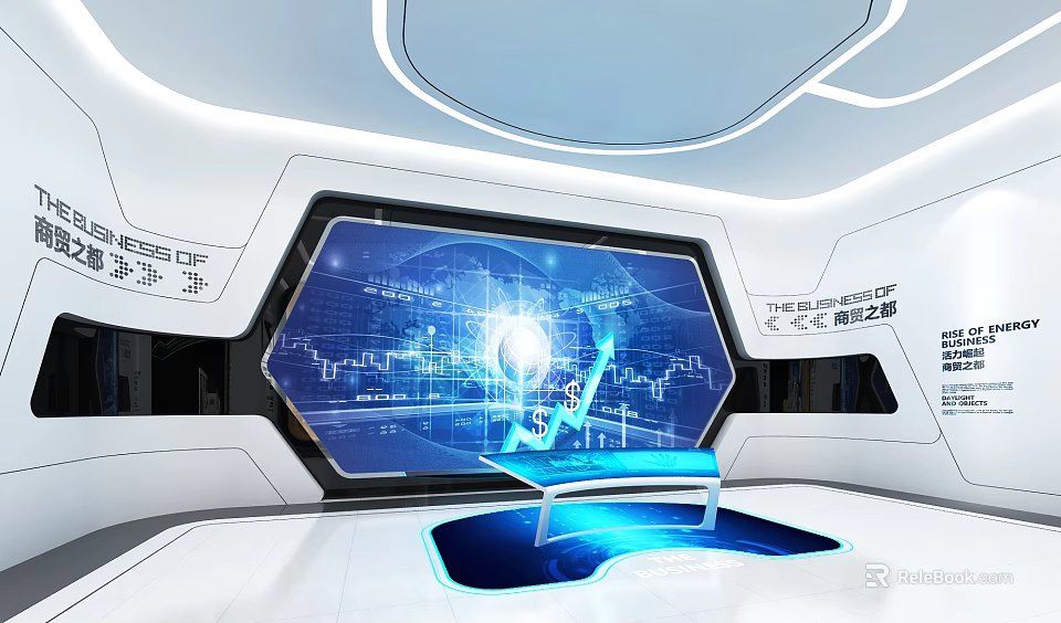 Modern Futuristic Exhibition Hall Featuring Large Digital Screen Data Charts And Blue Illuminated Platform 3d model 