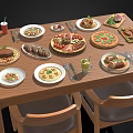 Assorted Food Dishes On Wooden Dining Table With Pizza Pasta Meat And Beverages