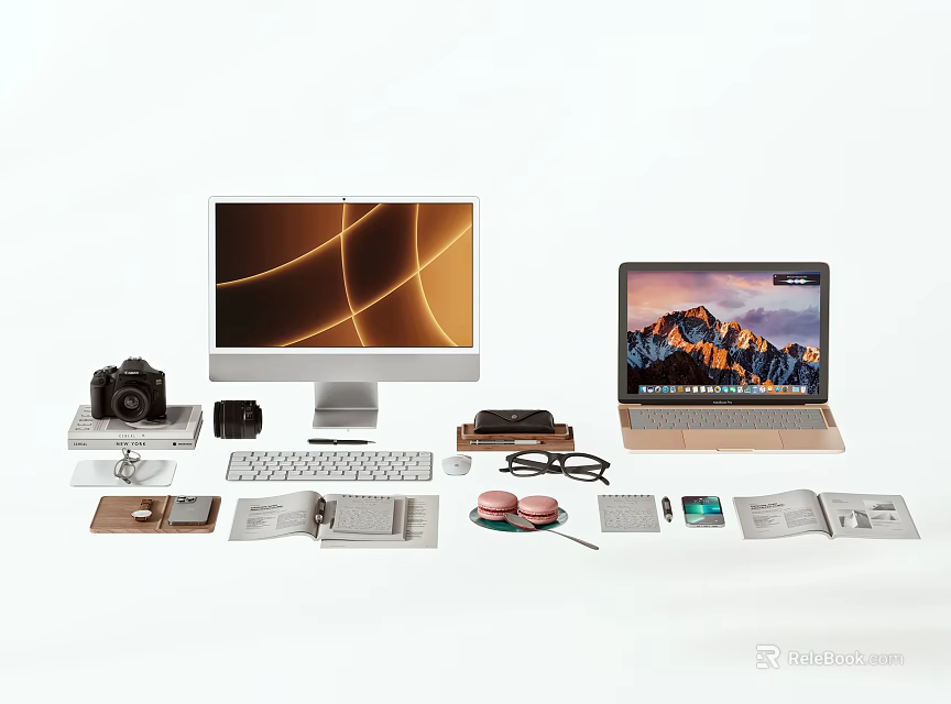 Sleek Modern Desktop And Laptop Tech Setup With Camera Keyboard Mouse And Accessories 3d model