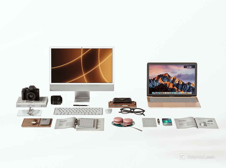 Sleek Modern Desktop And Laptop Tech Setup With Camera Keyboard Mouse And Accessories 3d model 