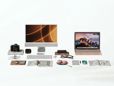 Sleek Modern Desktop And Laptop Tech Setup With Camera Keyboard Mouse And Accessories 3d model