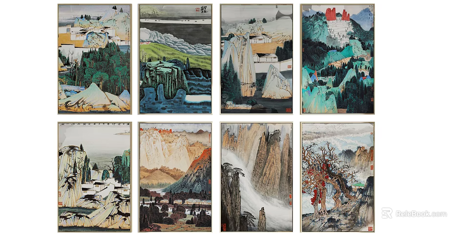 Chinese Landscape Paintings Traditional Ink Artworks With Mountain River Scenes Eight Classical Scrolls 3d model 