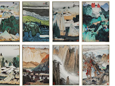 Chinese Landscape Paintings Traditional Ink Artworks With Mountain River Scenes Eight Classical Scrolls 3d model