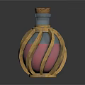 Ornate Glass Bottle With Golden Metal Frame Red Decorative Patterns And Cork Stopper
