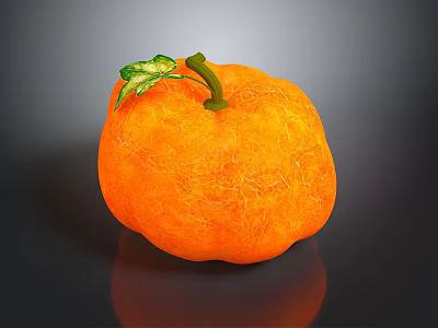 Orange Textured Pumpkin With Green Leaf And Vine On Dark Background 3d model