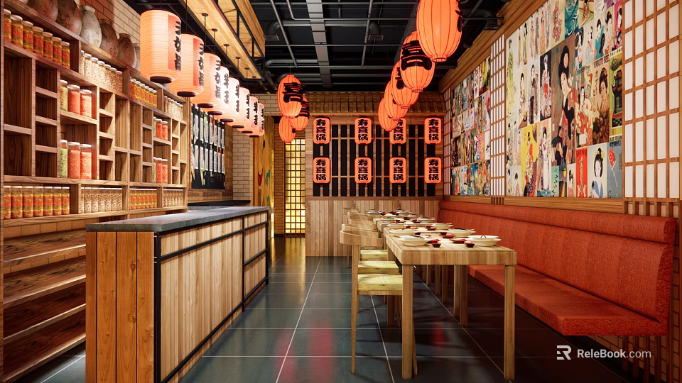 Japanese Restaurant Interior With Wooden Decor Orange Lanterns Anime Murals And Booth Seating 3d model 