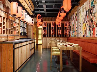 Japanese Restaurant Interior With Wooden Decor Orange Lanterns Anime Murals And Booth Seating 3d model
