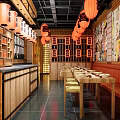 Japanese Restaurant Interior With Wooden Decor Orange Lanterns Anime Murals And Booth Seating