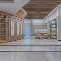 Modern Exhibition Hall Interior With Wooden Ceiling Tables Chairs And Marble Floor