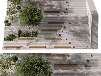 Outdoor Stone Stairs With Wooden Steps Greenery And Trees Landscaping Design 3d model