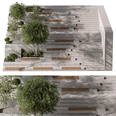 Outdoor Stone Stairs With Wooden Steps Greenery And Trees Landscaping Design 3d model