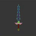 Fantasy Sword Weapon Design Featuring Purple Blue Star Pattern Green Accents And Wooden Handle