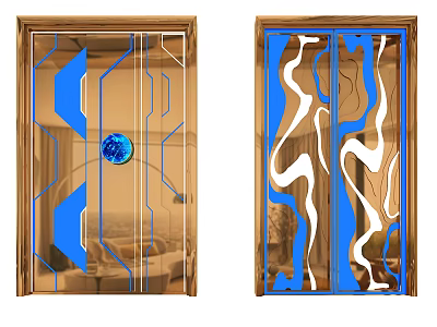 Decorative Glass Doors With Golden Frames And Blue White Patterns 3d model