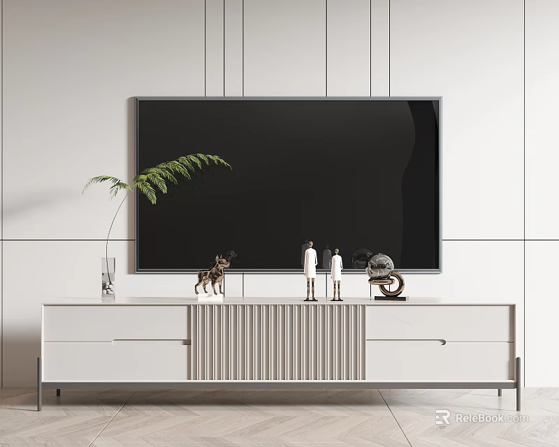 Modern White TV Stand With Flat Screen TV Decorative Items And Plant 3d model 