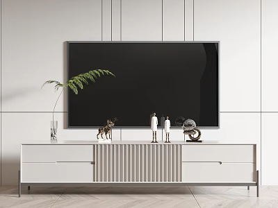 Modern White TV Stand With Flat Screen TV Decorative Items And Plant 3d model