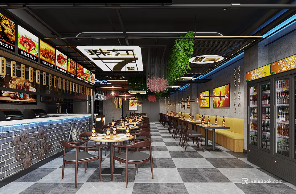 Modern Restaurant Interior With Tables Chairs Ceiling Lights Hanging Green Plants Counter And Wall Paintings 3d model 