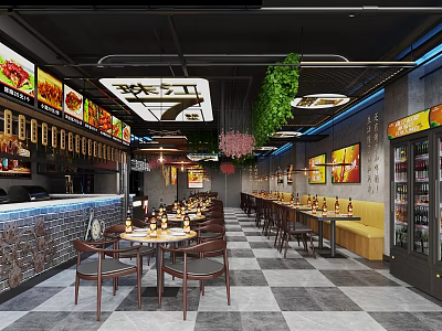 Modern Restaurant Interior With Tables Chairs Ceiling Lights Hanging Green Plants Counter And Wall Paintings 3d model