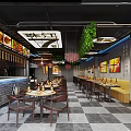 Modern Restaurant Interior With Tables Chairs Ceiling Lights Hanging Green Plants Counter And Wall Paintings