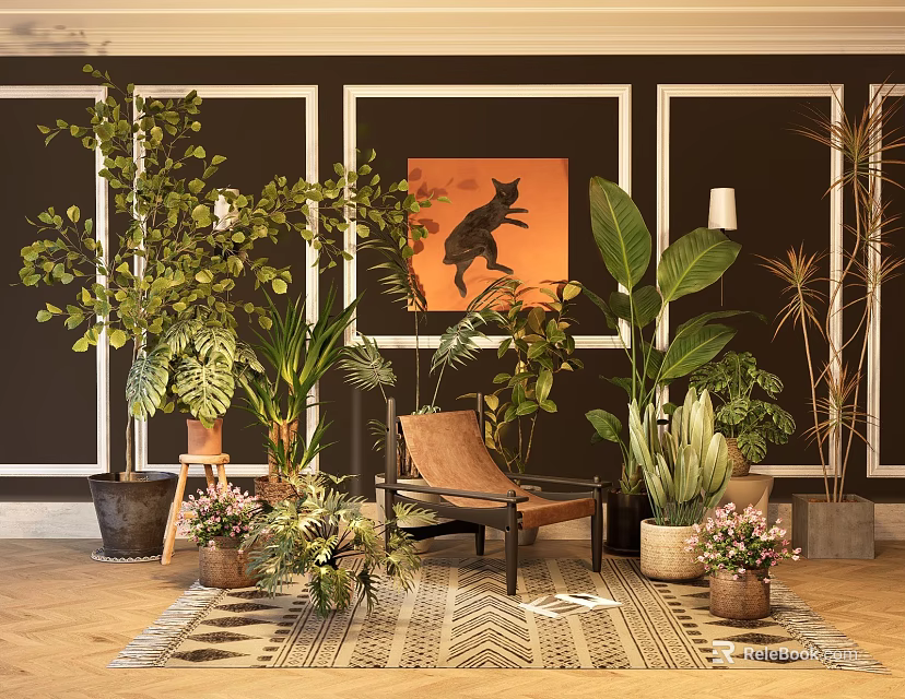 Bonsai Potted Plants In Modern Indoor Living Room With Greenery Furniture Wall Art And Rug 3d model 