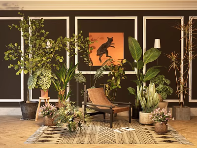Bonsai Potted Plants In Modern Indoor Living Room With Greenery Furniture Wall Art And Rug 3d model