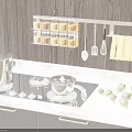 Modern Kitchen With Gas Stove Stainless Steel Pot Marble Countertop Wall Spice Rack And Utensils