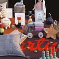Various Stuffed Dolls And Plush Toys On Mat With Pillows Building Blocks And Accessories