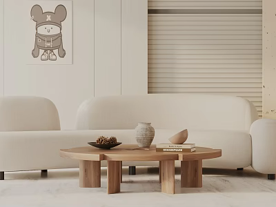 Beige Three Seater Sofa Living Room With Wooden Coffee Table Decorations Wall Art Roller Blinds 3d model
