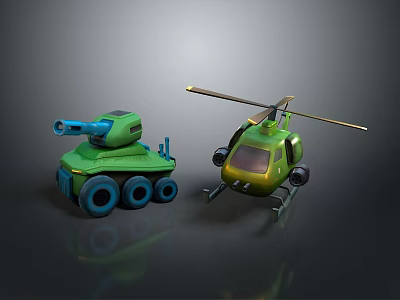 3D Rendered Green Cartoon Helicopter And Armored Vehicle On Gray Background 3d model
