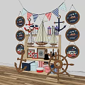 Nautical Theme Building Blocks Decorations With Sailboat Anchor And Shelf 3d model