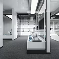 Modern Exhibition Hall with World Map Wall Glass Display Cabinets and Green Plants