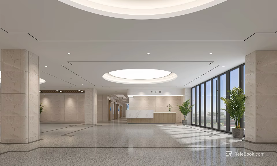 Modern Lobby Interior Design With Large Windows Reception Desk And Plants 3d model 