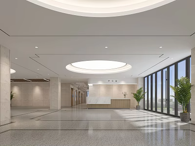 Modern Lobby Interior Design With Large Windows Reception Desk And Plants 3d model