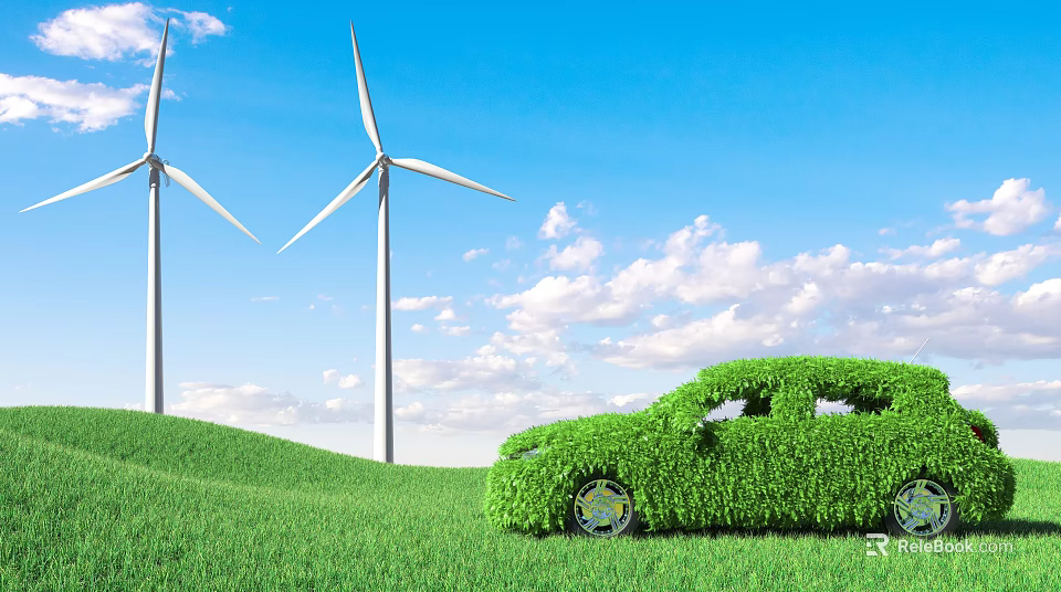 Eco Friendly Green Car In Natural Landscape With Wind Turbines And Green Grass 3d model 