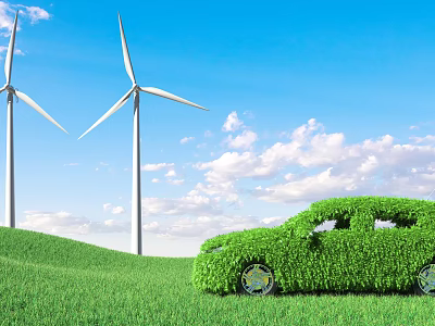 Eco Friendly Green Car In Natural Landscape With Wind Turbines And Green Grass 3d model